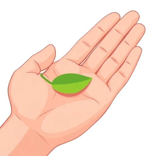"human hand" "calm skin" "green leaf" "natural healing" "soft light" "peaceful expression"