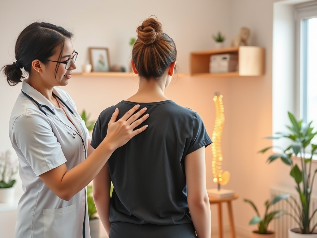 A caring therapist gently examining a patient's back in a bright, cozy clinic room, surrounded by anatomical spine models and calming plants.