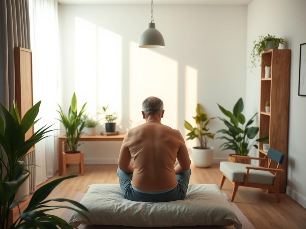 A calm therapy room with "a person receiving back treatment" surrounded by "soft lighting," "plants," and "comfortable furniture," evoking relief and care.