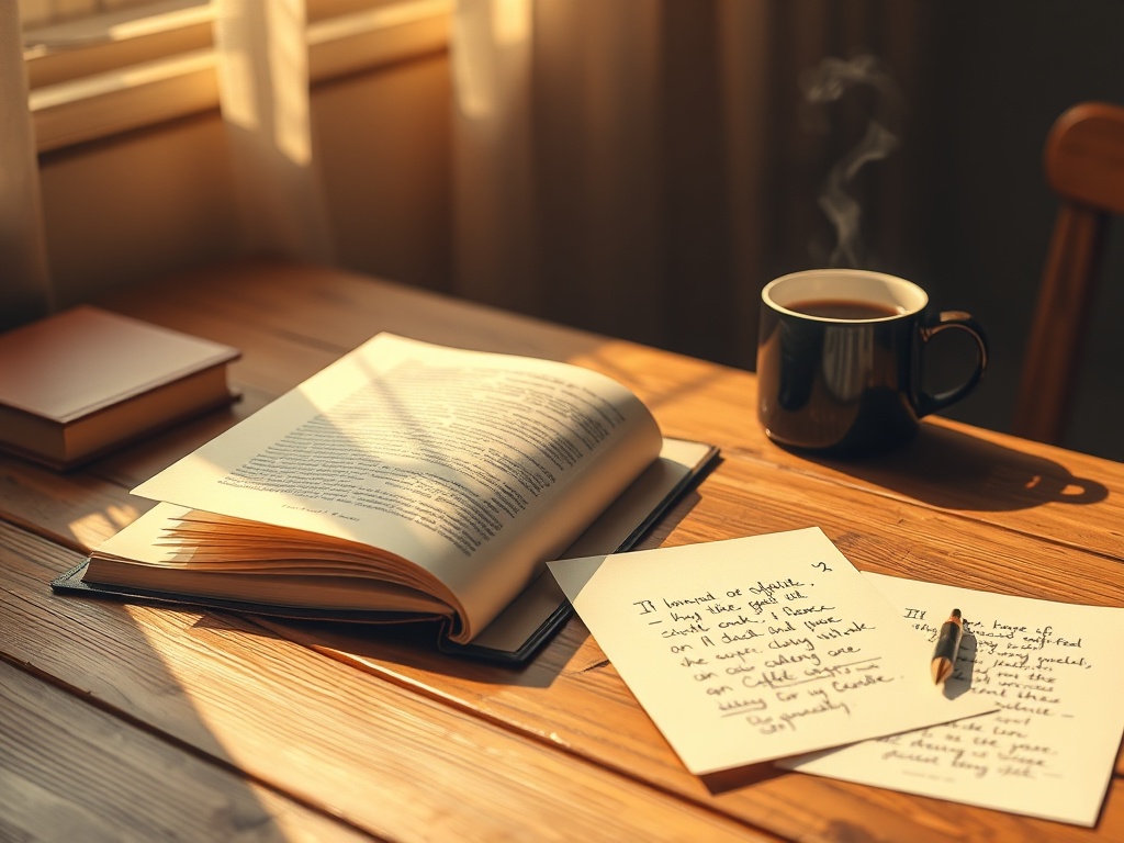 "open ebook on wooden desk" "warm sunlight" "cup of coffee with steam" "scattered handwritten notes" "soft shallow depth of field"