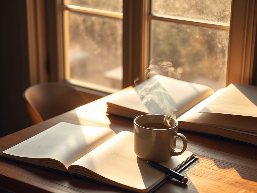 "A warm, inviting workspace" "gentle sunlight through a window" "a steaming mug on a wooden desk" "an open notebook with pen" "soft, earthy color palette"
