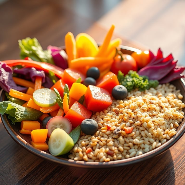"Vibrant colorful meal plate with vegetables, proteins, whole grains; warm sunlight glow, subtle energy sparks, calm restful atmosphere, dynamic motion blur"