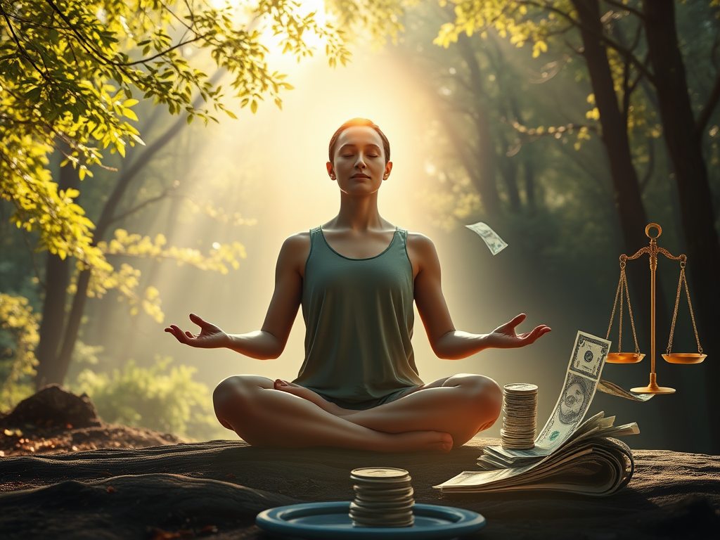 A serene person meditating "glowing aura" "calm nature background" "soft sunlight filtering through trees" "symbols of money gently floating away" "balanced scales nearby" "warm, comforting colors"
