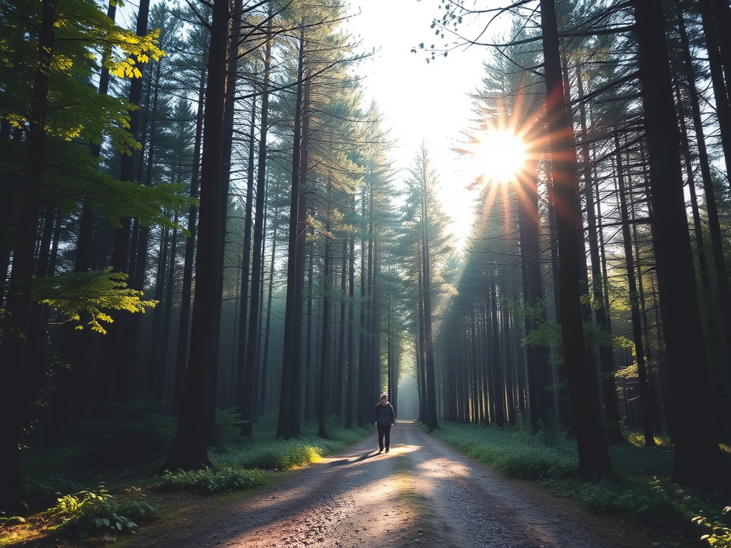"A tranquil forest path" "soft sunlight filtering through tall trees" "a person walking peacefully" "gentle breeze moving leaves" "calm, serene atmosphere"