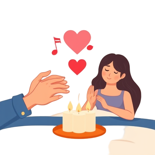 "hands massaging" "heart symbol" "music notes" "candles lit" "relaxed couple" "calm breathing" "home setting"