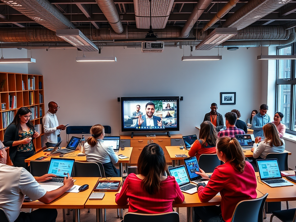 A vibrant learning hub with "diverse people" engaging in "interactive video courses," surrounded by "collaborative groups," "digital devices," and a "dynamic, modern classroom environment."