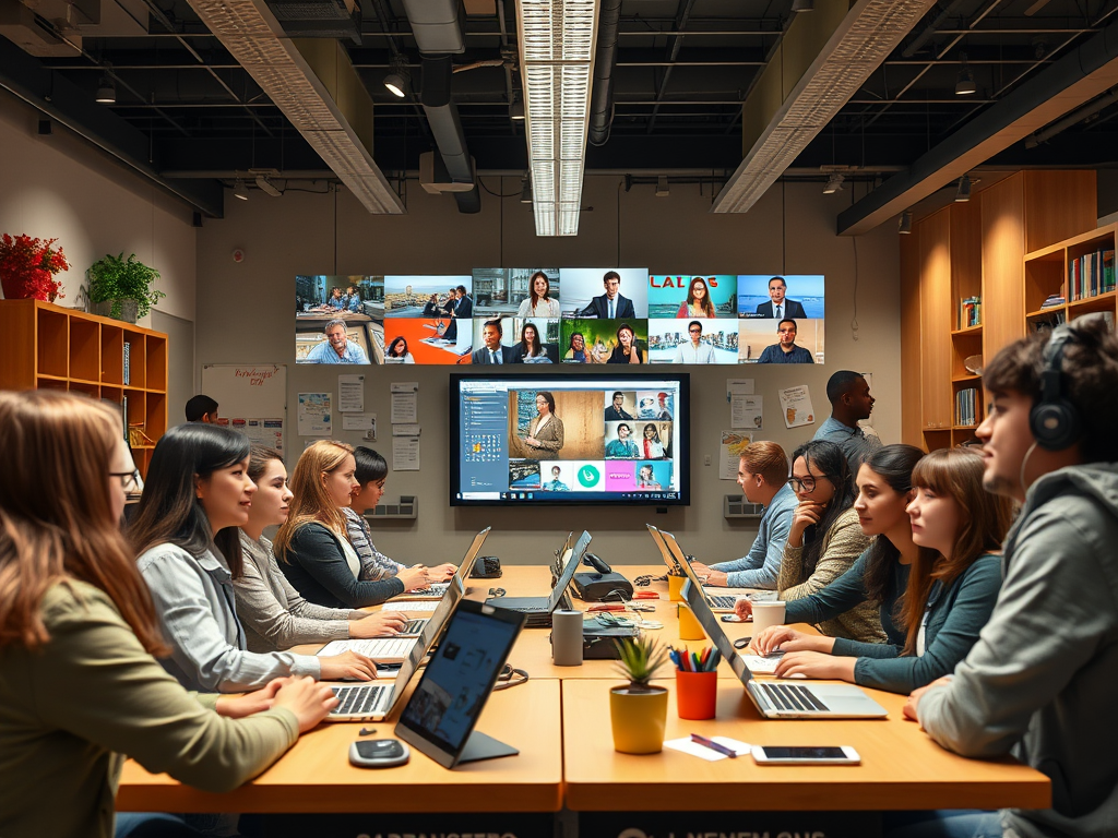 A vibrant learning hub with "diverse people" engaging in "interactive video courses," surrounded by "collaborative groups," "digital devices," and a "dynamic, modern classroom environment."