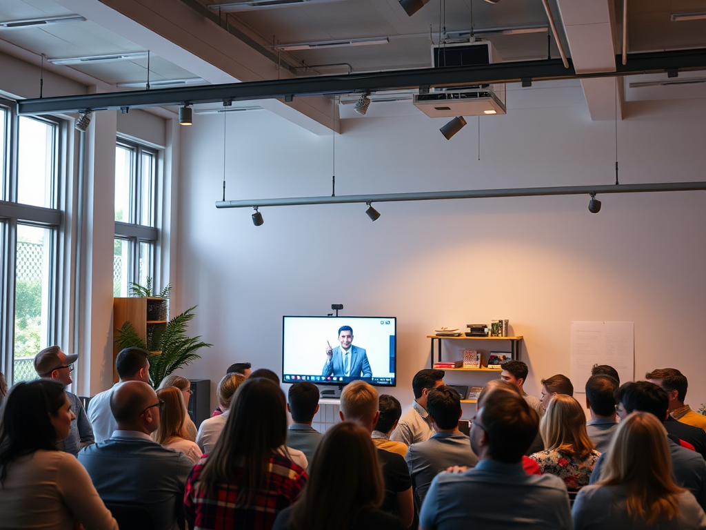 A diverse group of people engaged in learning, "video screens glowing softly," "interactive live session with a teacher," "supportive community atmosphere," bright, welcoming room.