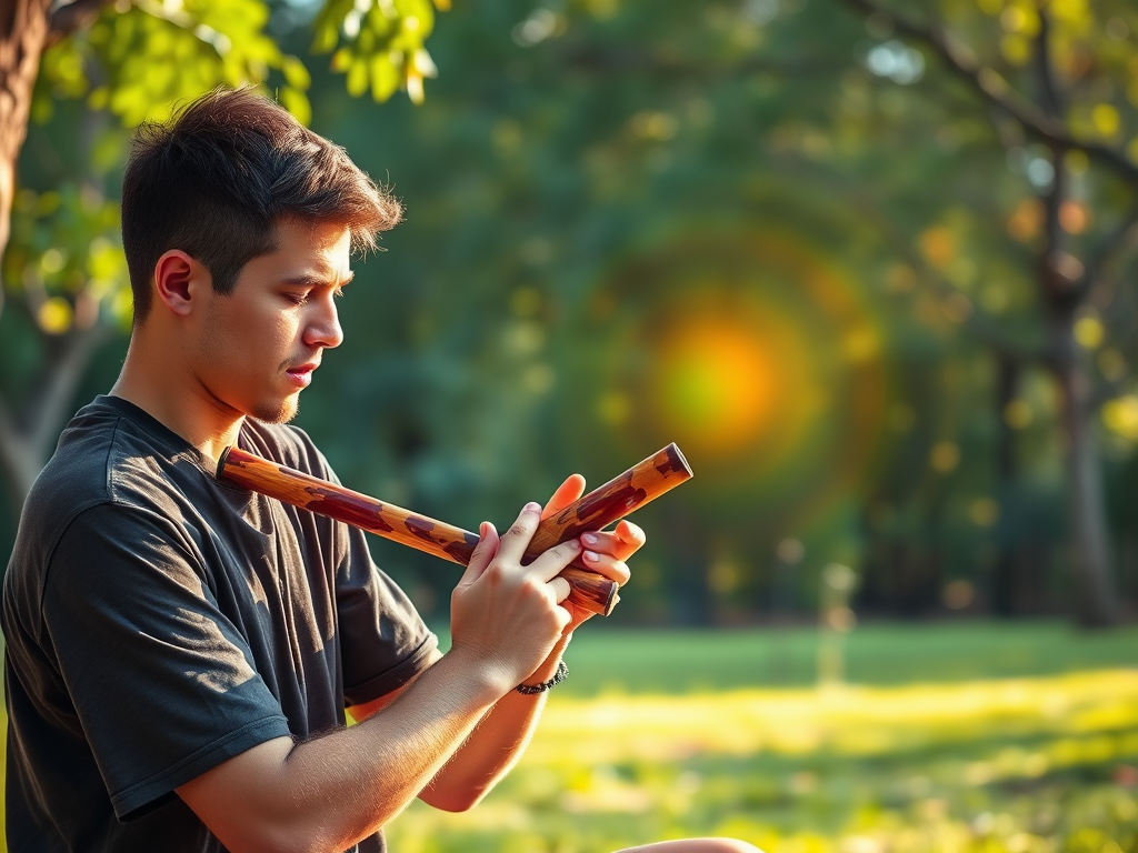 "a calm, focused person playing a didgeridoo" "soft glowing sound waves emanating" "natural outdoor setting with trees and gentle sunlight" "vibrant colors representing creativity and relaxation"