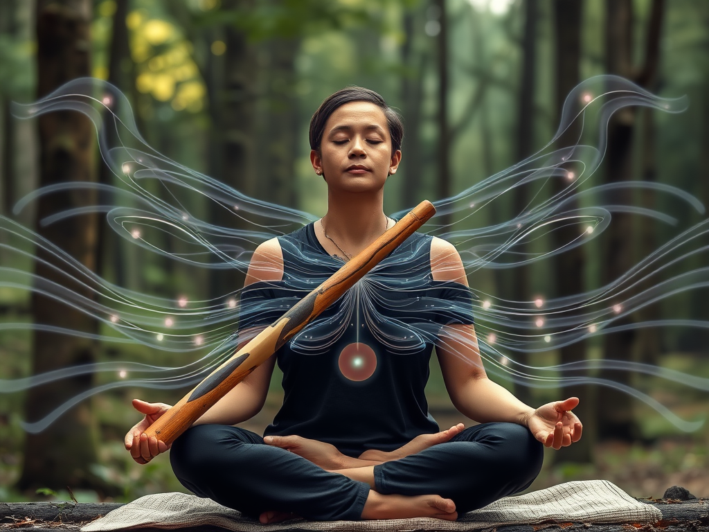"meditative person playing didgeridoo" "flowing energy waves around body" "breath patterns visualized as light streams" "natural forest background" "calm, focused expression"