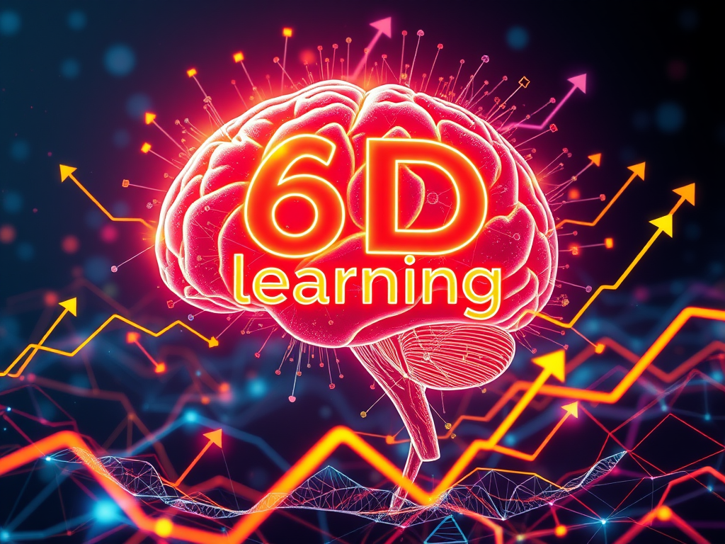 A vibrant brain glowing "6D learning" concept, surrounded by "colorful neural connections" and "dynamic growth arrows" in a futuristic, digital landscape.