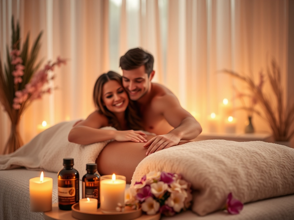 "Couple gently massaging each other" "soft candlelight glowing" "aromatherapy oils and flowers" "calm serene room with warm lighting" "relaxed, loving expressions"