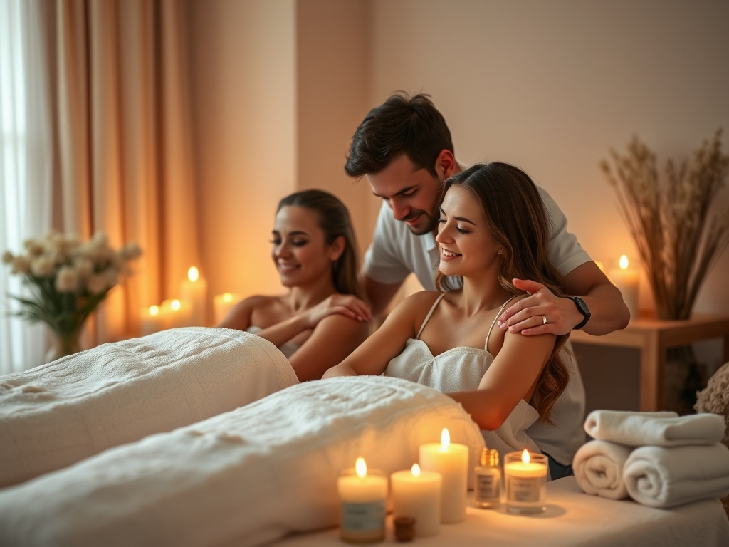 "couple learning massage" "soft candlelight ambiance" "hands gently touching shoulders" "relaxed, loving expressions" "warm, cozy room" "massage oils and towels nearby"
