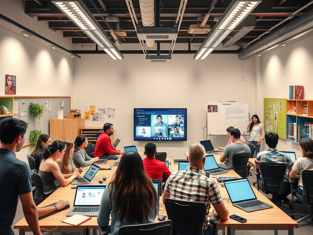 A vibrant learning hub with "diverse people" engaging in "interactive video courses," surrounded by "collaborative groups," "digital devices," and a "dynamic, modern classroom environment."