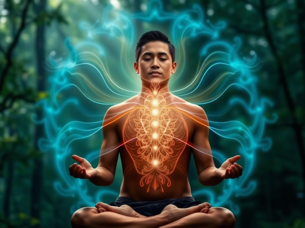 "meditative person playing didgeridoo" "flowing energy waves around body" "breath patterns visualized as light streams" "natural forest background" "calm, focused expression"