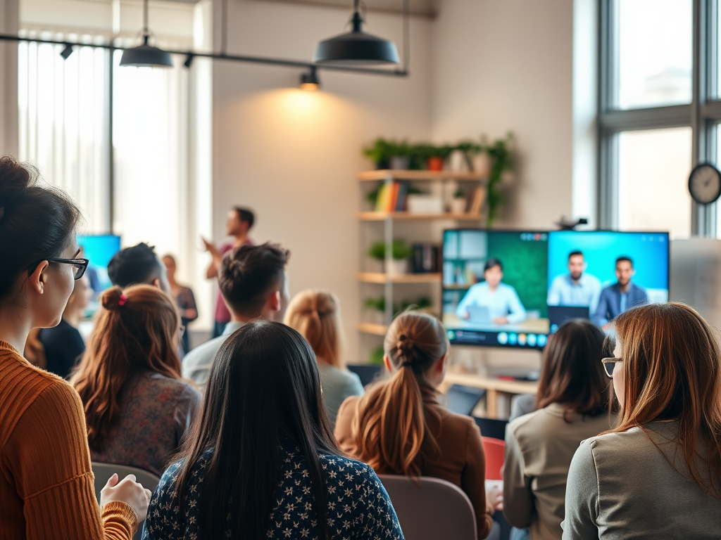 A diverse group of people engaged in learning, "video screens glowing softly," "interactive live session with a teacher," "supportive community atmosphere," bright, welcoming room.