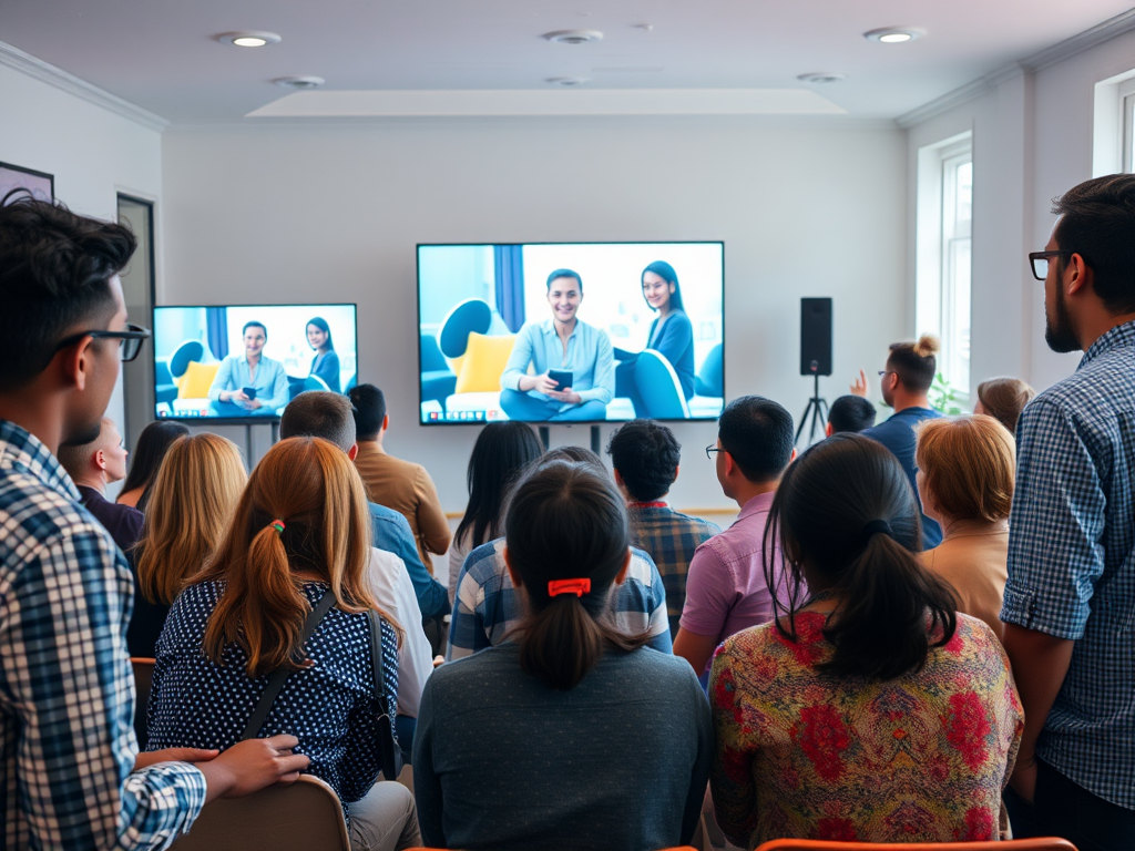 A diverse group of people engaged in learning, "video screens glowing softly," "interactive live session with a teacher," "supportive community atmosphere," bright, welcoming room.