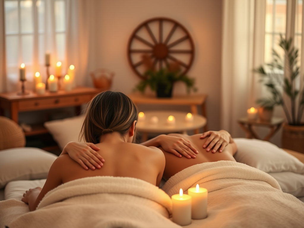 "a serene couple practicing massage in a cozy, softly lit room" "gentle hands touching shoulders" "warm ambient lighting with candles" "calm, peaceful expressions" "comfortable cushions and blankets around"