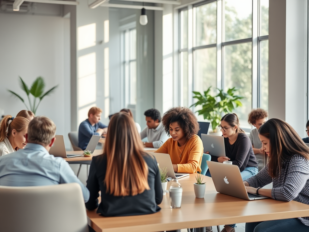 "a serene, modern learning space" "people engaging in interactive courses on laptops" "diverse group joining vibrant community discussions" "calm, inspiring atmosphere with soft natural light"