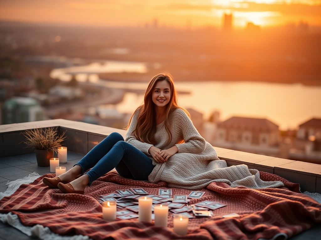 "Couple sitting on rooftop at sunset" "warm golden light" "soft smiles, holding hands" "scattered challenge cards on blanket" "cozy blankets, candles" "city skyline blurred background"