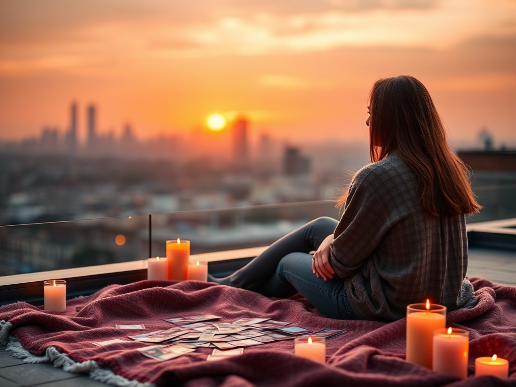 "Couple sitting on rooftop at sunset" "warm golden light" "soft smiles, holding hands" "scattered challenge cards on blanket" "cozy blankets, candles" "city skyline blurred background"