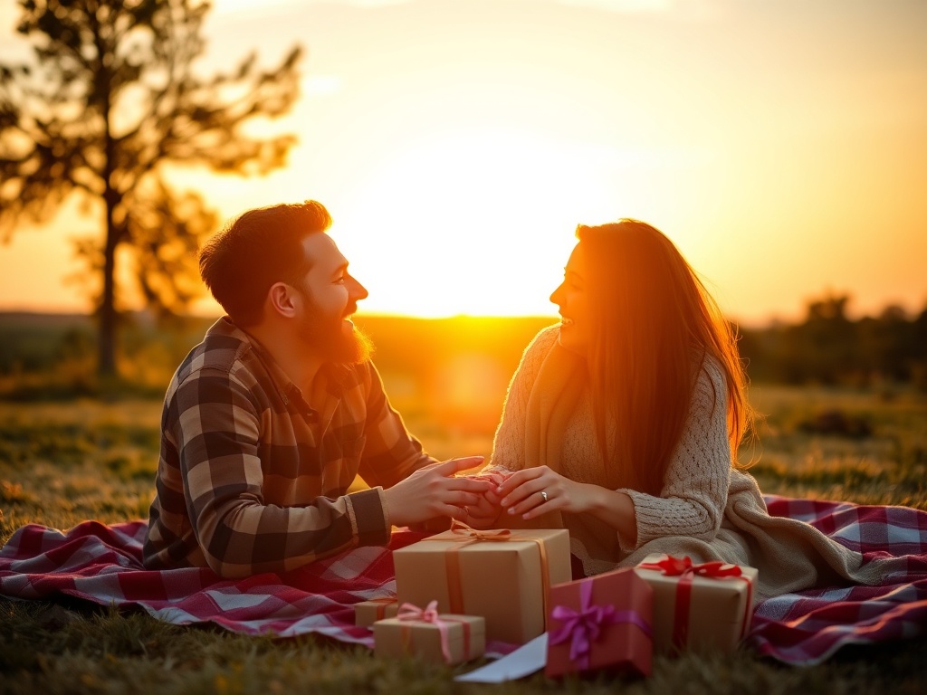 "Couple laughing on picnic blanket" "sunset golden hour" "scattered small gift boxes and notes" "warm cozy intimate mood"