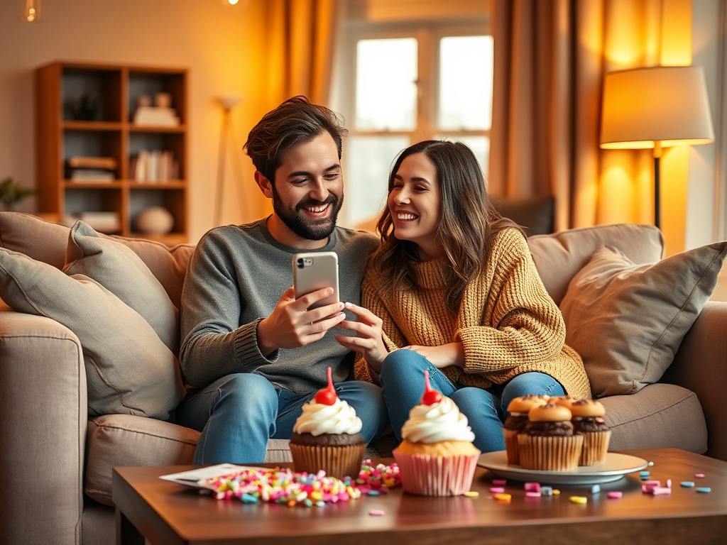 "Warm cozy living room" "Two friends laughing on sofa sharing a smartphone" "Soft golden lighting" "Cupcakes and confetti on coffee table" "Comfortable, inviting atmosphere"