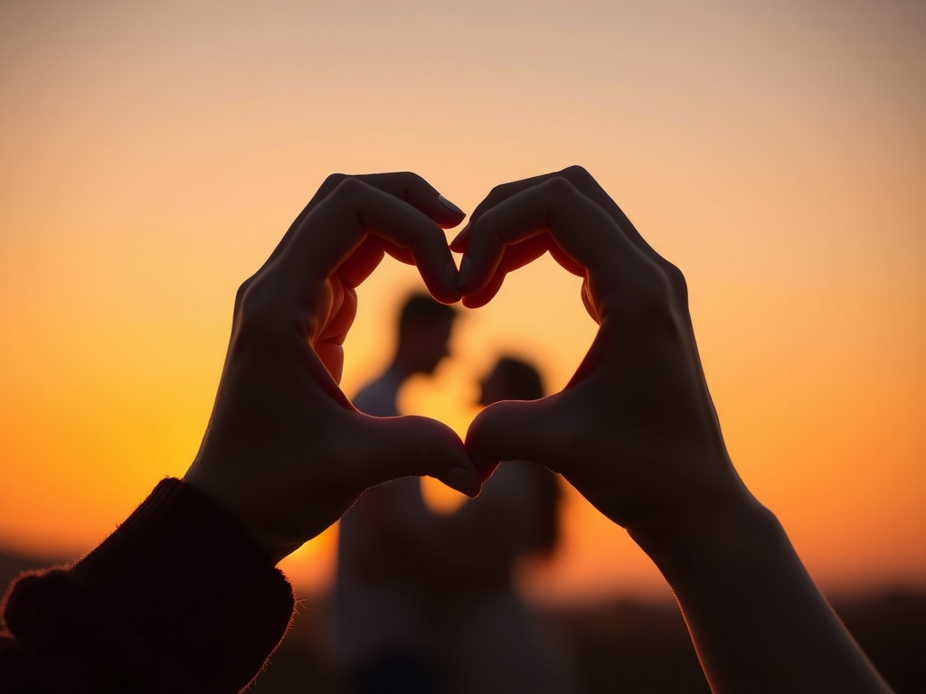 "Two hands forming a heart" "Warm golden sunset glow" "Soft bokeh lights" "Silhouetted couple in background" "Gentle pastel color palette"
