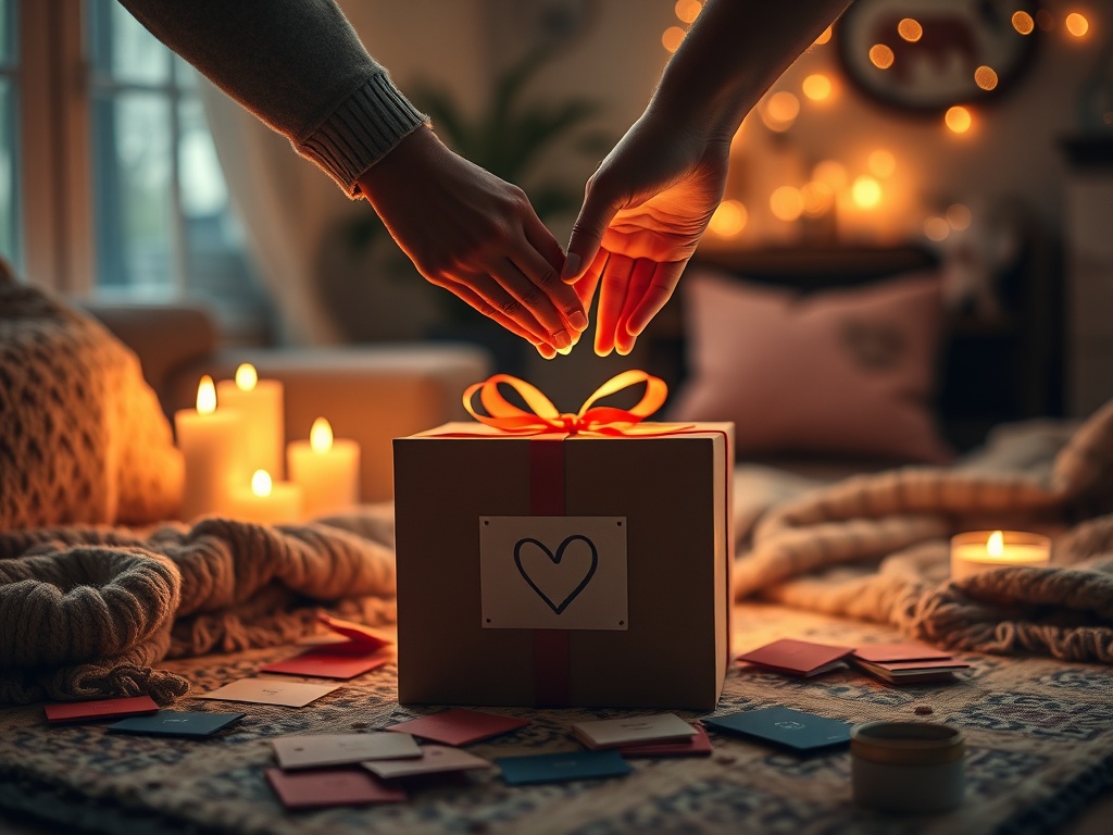 "A cozy, softly lit living room" "a stylish gift box labeled with a subtle heart-shaped emblem (no brand logos)" "two hands reaching together over the open box" "scattered colorful cards, envelopes, small tokens" "warm candlelight, soft throws, intimate a