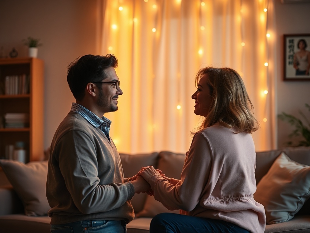 "A warm, intimate moment between two partners in a softly lit living room, showing subtle differences in their body language and eye contact, glowing around them with gentle hues of pink and gold, conveying connection and understanding."
