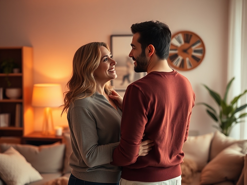 "A warm, intimate moment between two partners in a softly lit living room, showing subtle differences in their body language and eye contact, glowing around them with gentle hues of pink and gold, conveying connection and understanding."