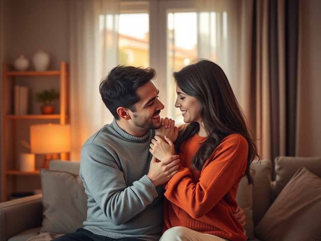 "A warm, intimate couple moment in soft lighting, showing different subtle gestures of affection, cozy home setting, gentle colors, mindful connection."