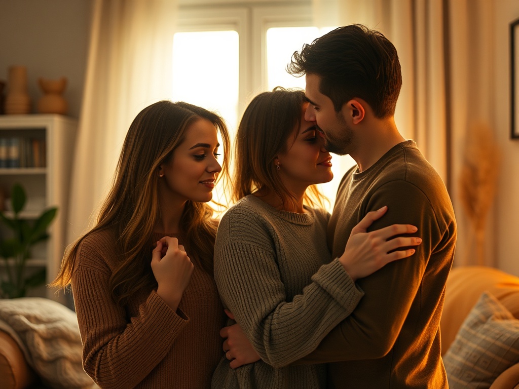 "A warm, intimate couple moment in soft lighting, showing different subtle gestures of affection, cozy home setting, gentle colors, mindful connection."