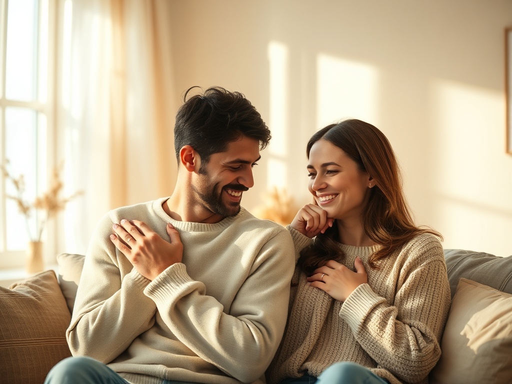"A warm, intimate couple moment in soft lighting, showing different subtle gestures of affection, cozy home setting, gentle colors, mindful connection."