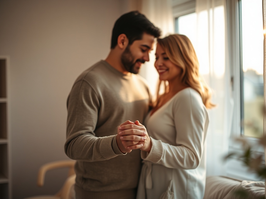 Warm intimate couple portrait at home, soft window light, subtle comforting glow, two hands interlaced, gentle smiles, cozy evening atmosphere, shallow depth of field