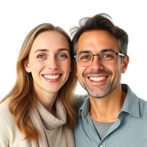A smiling couple portrait person, warm attentive expression, gentle eye contact, suggesting reconnecting and simple effective exercises with calm joy, white background looking like