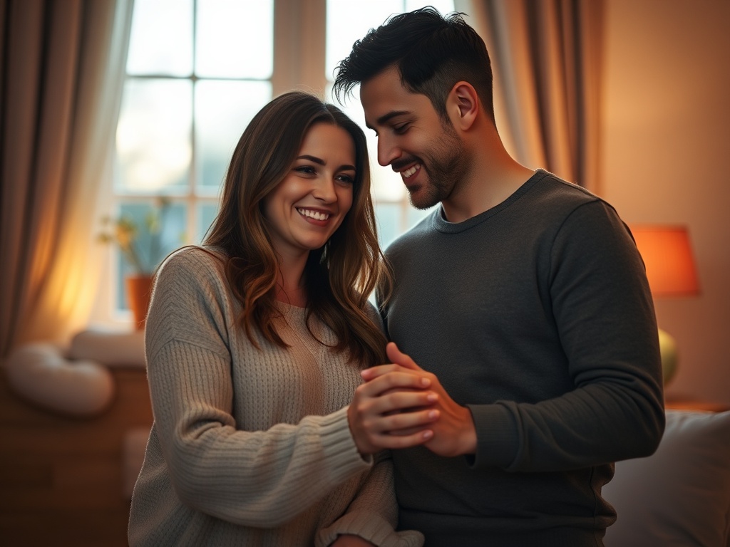 Warm intimate couple portrait at home, soft window light, subtle comforting glow, two hands interlaced, gentle smiles, cozy evening atmosphere, shallow depth of field