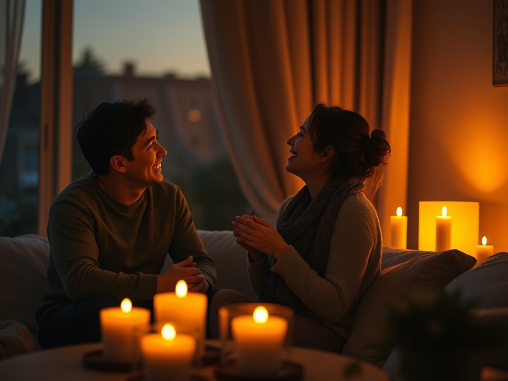 "Warm, inviting home setting at dusk, three connected moments shown as soft light beams