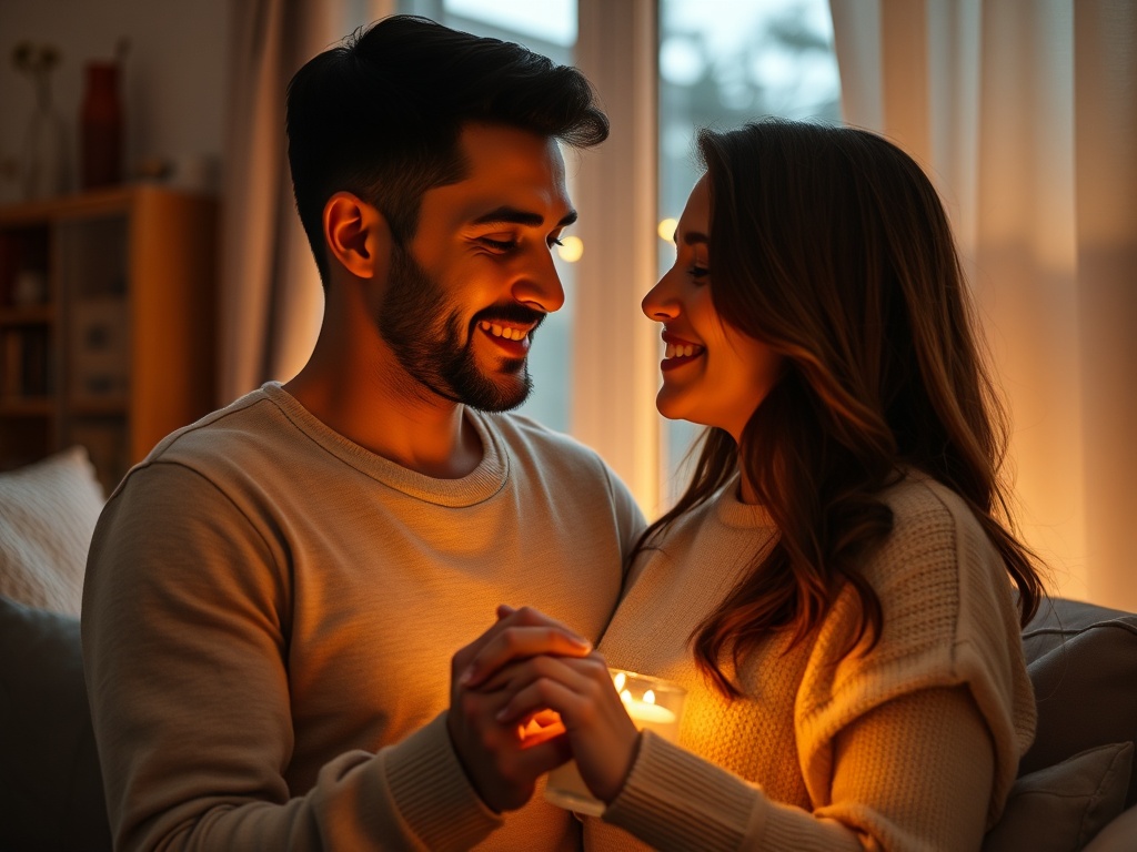 Warm intimate couple portrait at home, soft window light, subtle comforting glow, two hands interlaced, gentle smiles, cozy evening atmosphere, shallow depth of field