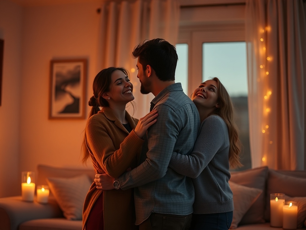 "Warm, inviting home setting at dusk, three connected moments shown as soft light beams