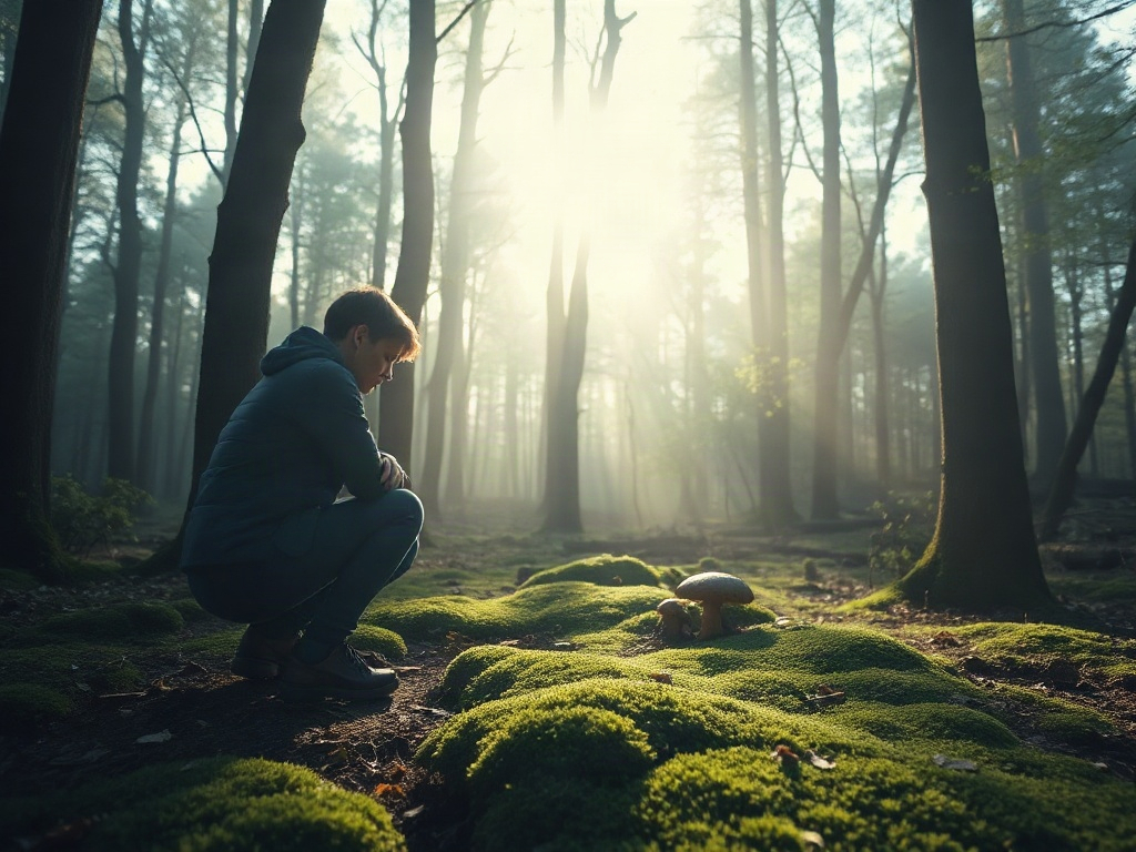 A serene Dutch forest clearing with soft morning light, a person kneeling to observe moss and mushrooms, calm, inviting, cinematic.