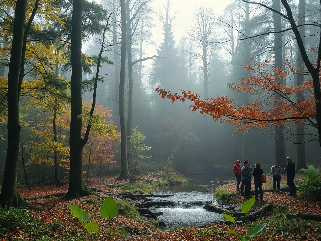 A serene Dutch forest clearing with diverse trees, soft morning mist, gentle stream, and small circle of people listening quietly, sharing nature discoveries.
