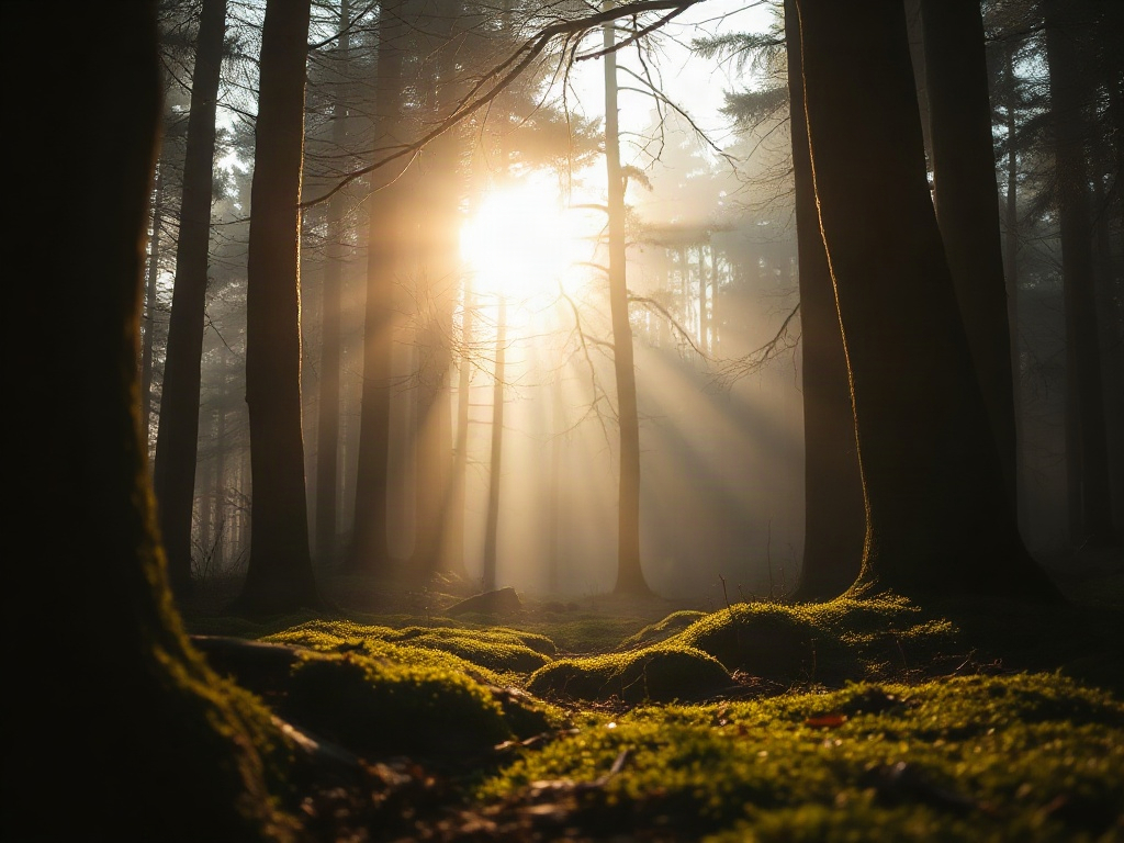 "Misty Dutch forest at dawn, soft sunlight through tall trees, close-up moss and leaves, gentle wildlife, calm nature immersion mood, diverse people outdoors quietly learning"