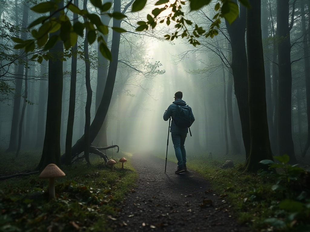 Misty Dutch forest path “gentle light through trees” “close-up leaves and mushrooms” “two hikers with mindful poses” “floating soft icons of nature” “warm welcoming mood”