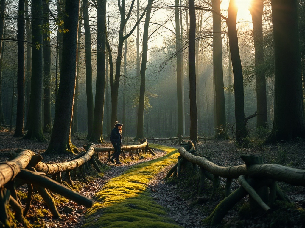 Serene Dutch forest at dawn, soft sunlight, person in mossy path noticing tiny details, small group sharing quietly, nature textures vivid, calming atmosphere, cinematic depth.