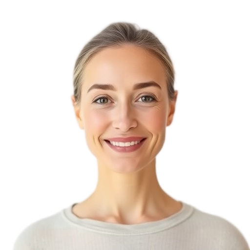 A person smiling to the camera with a white background looking like