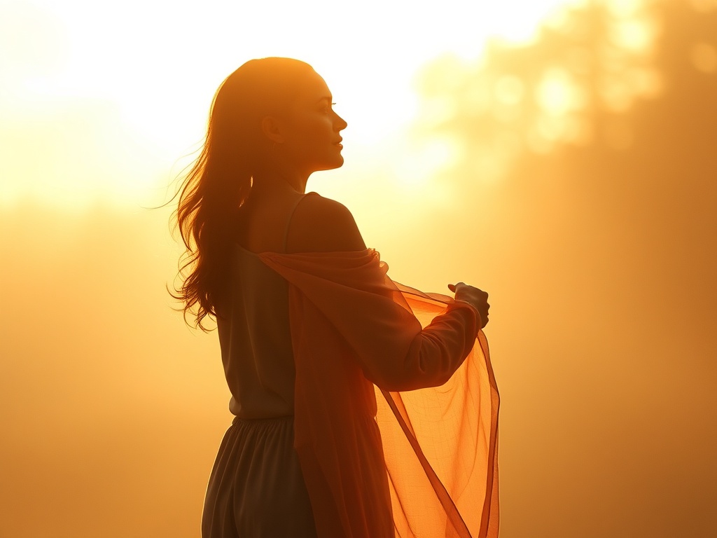 A serene woman in soft morning light, embracing her younger self as two silhouettes merge, gentle warm colors, flowing fabric, safe sanctuary atmosphere, healing vibe.