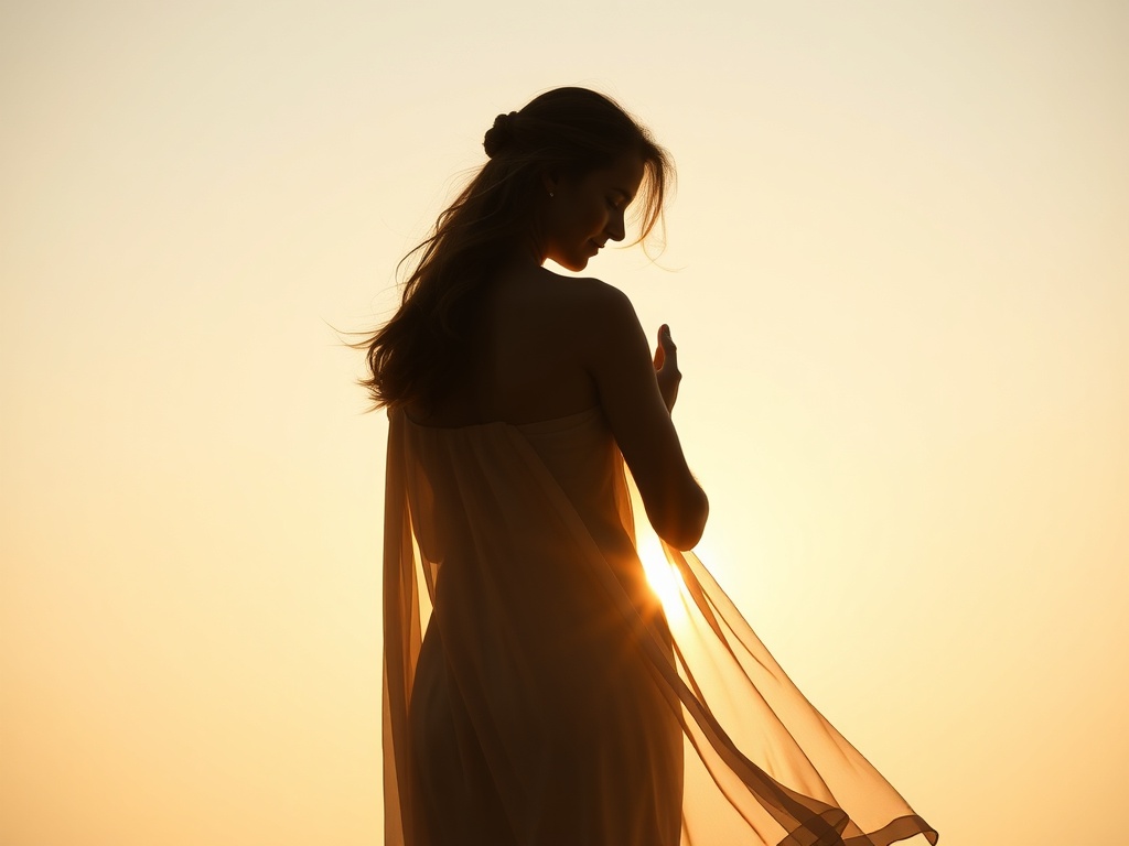 A serene woman in soft morning light, embracing her younger self as two silhouettes merge, gentle warm colors, flowing fabric, safe sanctuary atmosphere, healing vibe.