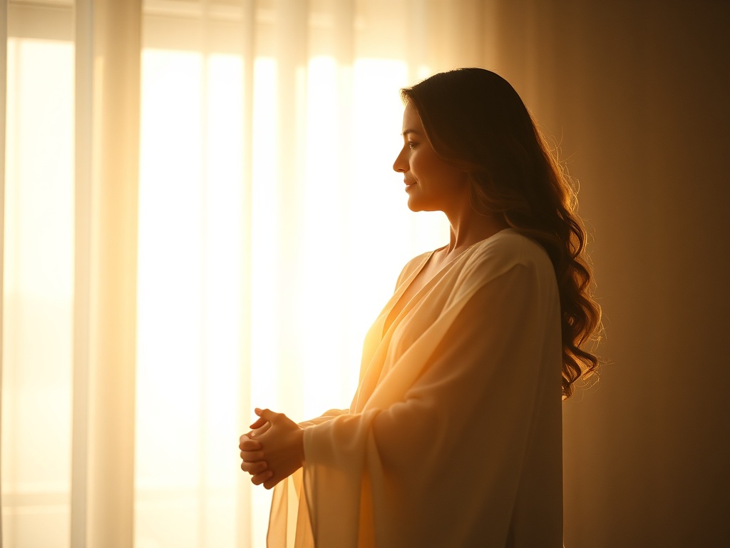 A serene woman in soft morning light, embracing her younger self as two silhouettes merge, gentle warm colors, flowing fabric, safe sanctuary atmosphere, healing vibe.