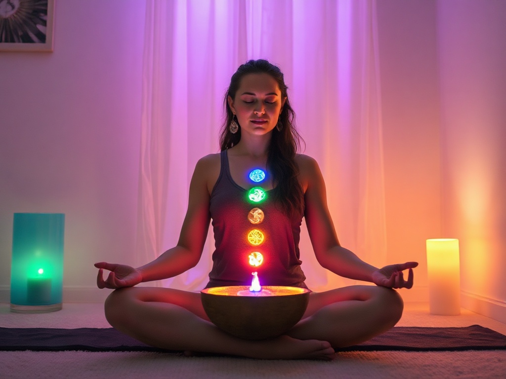 "A serene female energy coach in a softly lit space, meditating with crystal bowls, chakra colors glowing, subtle Reiki symbols, nurturing calm, ethereal atmosphere."